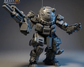 Op de afbeelding: Een grijs, gedetailleerd model van een futuristische mech-robot met een grote gewapende arm. De robot heeft een afgeronde kop, meerdere compartimenten en gelede ledematen. De tekst "KEEL'S 3D Models" is zichtbaar.