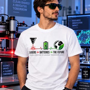 Puede incluir: Una camiseta blanca con un diseño gráfico que muestra un icono de láser, una batería y un globo terráqueo con una hoja verde. El texto dice LASERS, BATTERIES, THE FUTURE y LIGHTING A CLEANER TOMORROW, con líneas decorativas rojas y verdes.