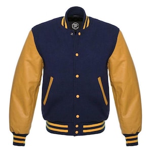 Chaqueta universitaria azul marino y dorada para HOMBRE y MUJER. Disponible con servicio de bordado opcional.