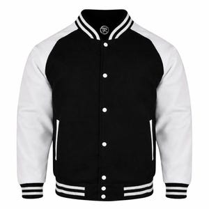 May include: A black and white varsity jacket with a button-up front. The jacket features white sleeves, a black body, and white and black striped details on the collar, cuffs, and hem. The jacket has two front pockets.