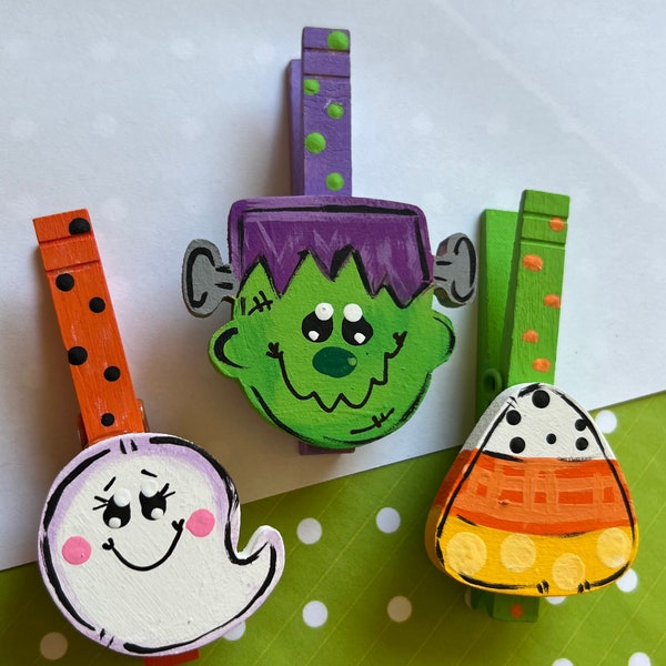 HALLOWEEN MAGNETS Clothespins Frankenstein Ghost Candy Corn memo holder note lists recipe pictures chip clips