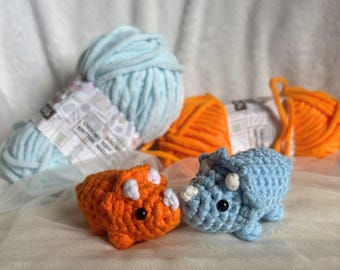 Handmade Crochet Triceratops Keychain, Amigurumi Dinosaur Plush Toy