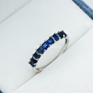 Elegant Rectangular-Cut Blue Sapphire Half Eternity Ring in 925 Sterling Silver, Gift For Her