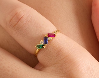 14K massief gouden geboortesteenring, gepersonaliseerde stokbroodring, aangepaste familiering, minimalistische gouden ring, cadeau voor haar