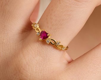 14K Solid Gold Ruby Birthstone Heart Ring, Dainty Gemstone Jewelry, Mothers Day Gift, Vintage Style Ring for Her