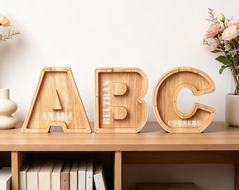 Personalisierte Buchstaben-Spardose mit Namen, Spardose aus Holz für Kinder, bringt Kindern das Sparen bei, Geschenk zum ersten Geburtstag
