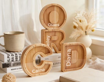 Personalisierte große Holz-Spardose in Buchstabenform für Kinder, Holzgeschenk für Kinder, Spardose mit individuellem Namen, Spardose mit Buchstaben aus Holz zum Geburtstag