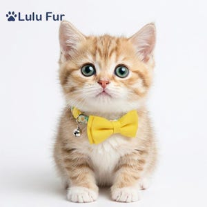 Puede incluir: Un pequeño gatito atigrado de color naranja claro con grandes ojos verdes. El gatito lleva una pajarita amarilla y un collar a juego con una pequeña campana. La marca "Lulu Fur" está en la esquina superior izquierda.