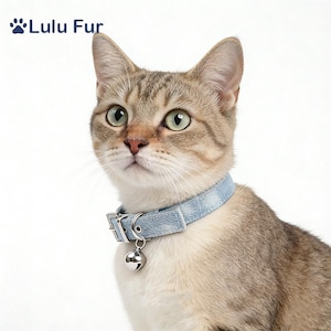 Denim Pet Collar with Rhinestone Buckle - Sparkly Blue Jean breakaway cat collar with bell - Adjustable Small Dog Collar Trendy Cat and Dog