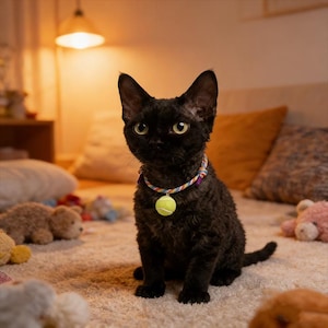 Puede incluir: Un gato negro con pelaje rizado lleva un collar colorido con un dije de pelota de tenis. El gato está sentado en una alfombra crema. Hay peluches esparcidos alrededor del gato.