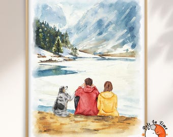 Custom Hand Painted Couple Portrait with Pet from Photo, Family & Pet Watercolor Portrait, Dog and Owner Painting, Anniversary Gift