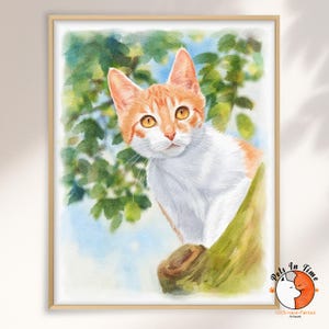 May include: A watercolor painting of an orange and white cat perched on a tree branch against a backdrop of green leaves and a light blue sky. The cat has amber eyes and is looking forward. A small logo in the corner reads Pets In Time Artwork.