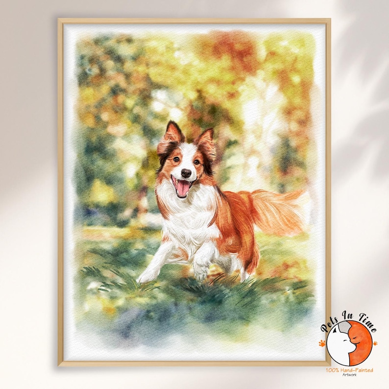 May include: A framed watercolor painting of a brown and white Border Collie dog running through a grassy field with autumn foliage in the background. The dog has a happy expression with its mouth open. A small logo is in the bottom right corner.