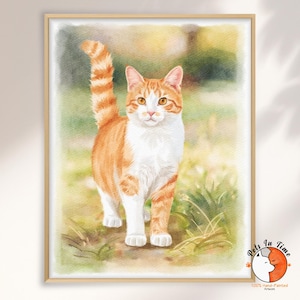 May include: A watercolor painting of an orange and white tabby cat standing in a grassy field. The cat has a striped tail held upright, amber eyes, and white fur on its chest and paws. The artwork is framed in a light wood frame.