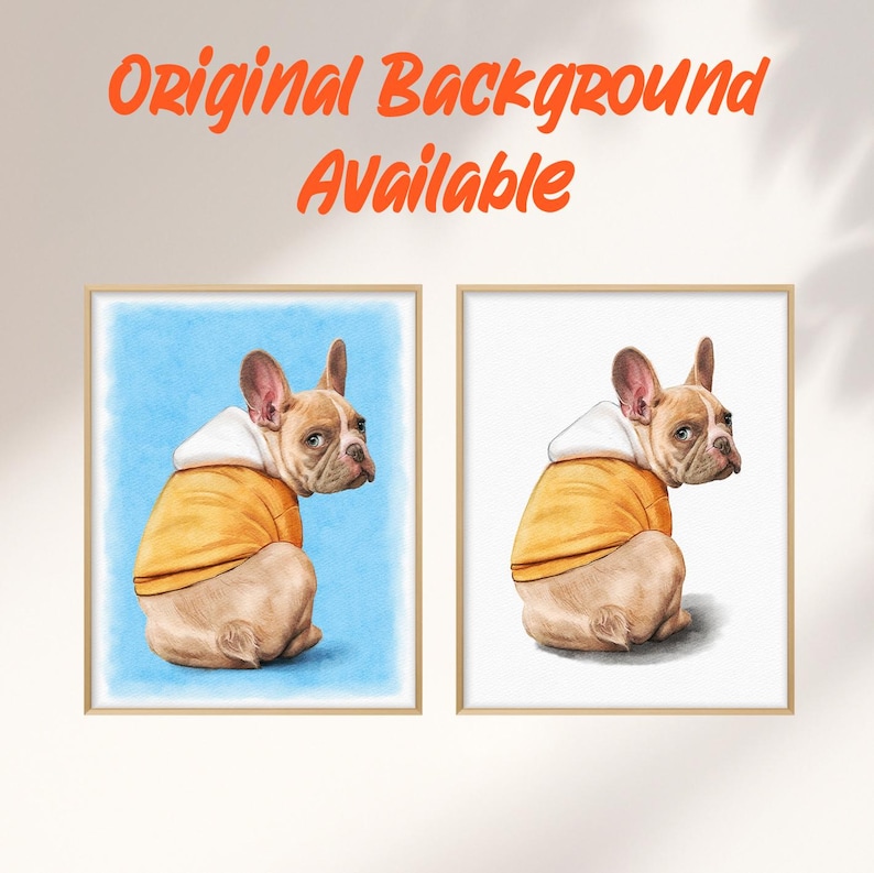 May include: Two framed art prints featuring a tan French Bulldog wearing a yellow hoodie with a white hood. One print has a solid blue background, while the other has a plain white background. The dog is shown from behind, looking over its shoulder.