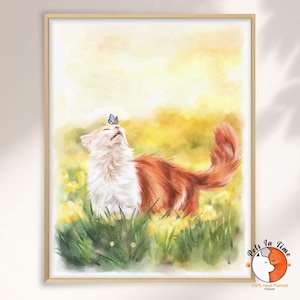 May include: A watercolor painting in a wooden frame depicting a fluffy orange and white cat standing in a field of yellow flowers. A small blue butterfly rests on the cat's nose. The text Pets In Time 100% Hand-Painted Artwork is in the corner.