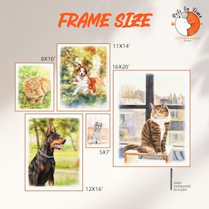 May include: A collection of five framed pet portraits featuring a ginger cat, a brown and white dog, a black and tan Doberman, a small grey dog, and a brown tabby cat. The text reads FRAME SIZE, 8X10, 11X14, 16X20, 5X7, 12X16, and Pets In Time.
