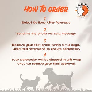 May include: An instructional graphic titled HOW TO ORDER with a Pets In Time logo featuring a cat and dog. It lists four steps: Select Options After Purchase, Send me the photo via Etsy message, Receive your first proof within 2-3 days, and final shipping.