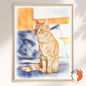 May include: A watercolor painting of an orange tabby cat sitting on a blue surface with a white pillow behind it. The cat has green eyes and light orange fur. In the bottom right corner, there is a logo with the text Pets In Time.