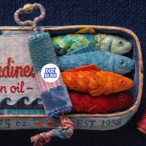 Arte de parede com sardinhas em lata em patchwork - Decoração de cozinha com efeito bordado falso - Arte para download digital