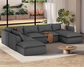 Oversized Modular Sectional Couch, Deep Seat Corduroy Cloud Sofa, L-Shape Chaise