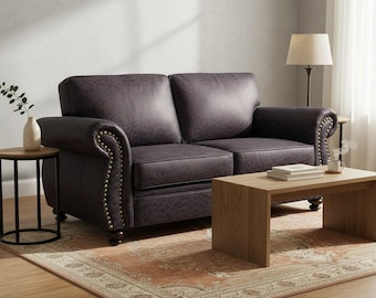 Mid-Century Modern Sofa, Riveted Faux Leather Loveseat, Solid Wood Frame Couch