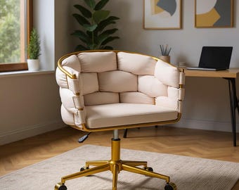 Beige Velvet Desk Chair – Gold Base, Adjustable Swivel Vanity Seating