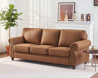 Loveseat Sofa Brown Vintage Couch Rivet Wood Frame