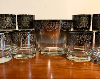 Vintage Royal Luster Ombre Silver Rim Glassware Set -  Ice Bucket -  Rocks -  Tumblers - Set of 9 - Bar Set - Embossed Pattern