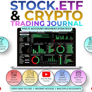 May include: A digital stock, ETF, and crypto trading journal displayed on a laptop screen. The interface features various financial charts, graphs, and data summaries. Surrounding the laptop are circular icons with text labels and Excel download buttons.
