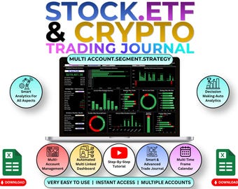 Stock, ETF, Crypto Trading Journal  | Portfolio Tracker | Multi-Account Trading Log | | Google Sheets Dashboard Dark Theme