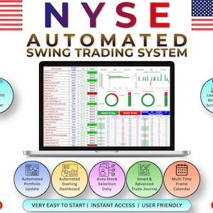May include: A laptop screen displays the NYSE Automated Swing Trading System with stock data tables, performance charts, and circular graphs. Surrounding icons highlight features like an automatic stock screener, portfolio updates, and a trade journal.