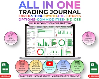 All In One Trading Journal | Forex, Stock, Crypto, ETF, Futures, Options, Indices | Google Sheets Trade Tracker | Multi-Account Dashboard