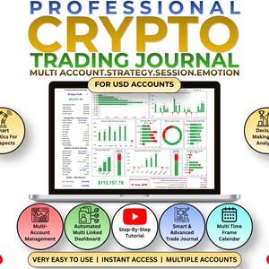 May include: A digital professional crypto trading journal displayed on a laptop screen, featuring financial charts, data tables, and analytics. The interface includes text labels for multi-account, strategy, session, and emotion tracking for USD accounts.
