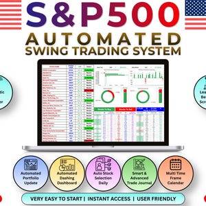 Puede incluir: Una pantalla de portátil que muestra una hoja de cálculo S&P500 Automated Swing Trading System con datos bursátiles, gráficos y métricas. Los iconos circundantes destacan funciones como el escáner automático, actualizaciones y diario de trading.
