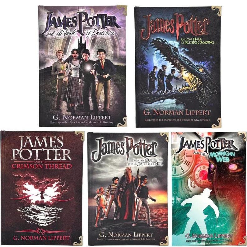 May include: Five hardcover books with the title "James Potter" on the cover. The book covers feature illustrations of characters, landscapes, and text. The books are in various colors, including red, blue, and brown.