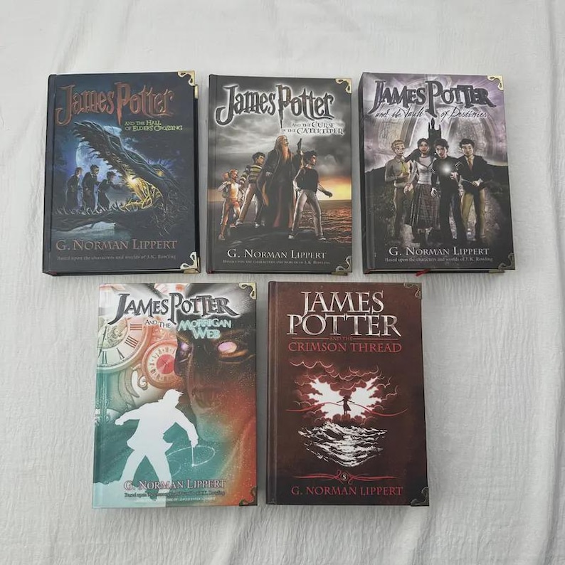 May include: Five hardcover books titled "James Potter" by G. Norman Lippert. The covers feature illustrations of characters and scenes, with titles like "The Hall of Eldridge Crossing" and "Crimson Thread".