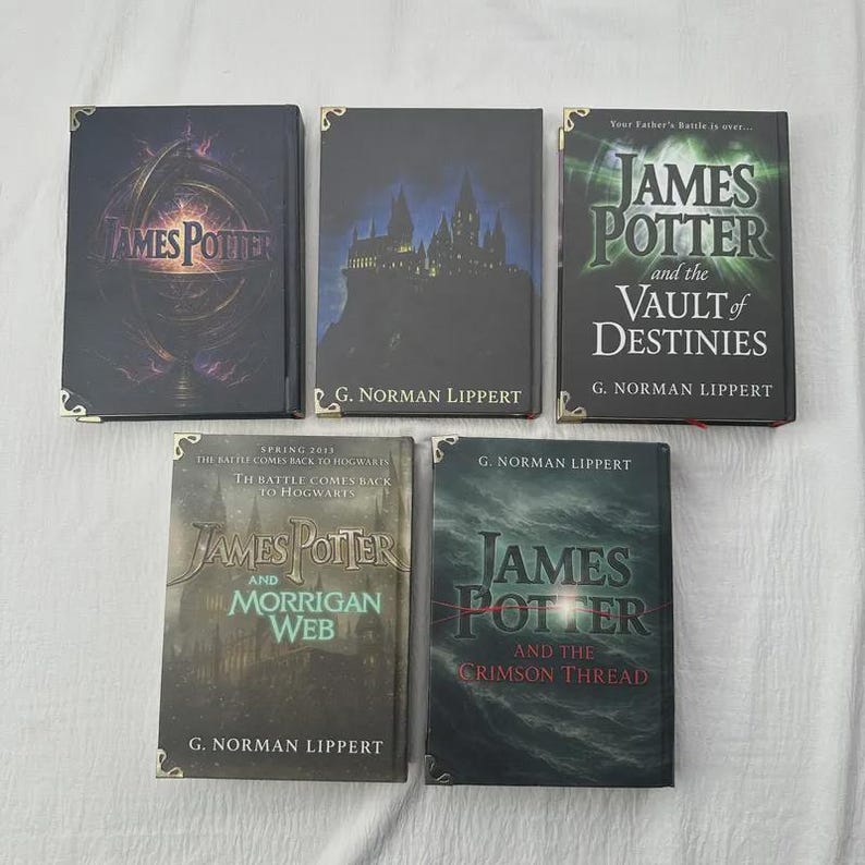 May include: Five hardcover books with gold corner accents are displayed. The book titles include "James Potter" and "The Vault of Destinies". The covers feature dark colors, including black, green, and grey, with various graphics and text.