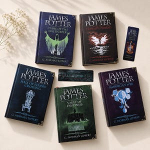 May include: A collection of hardcover books titled "James Potter" with various sub-titles, including "Curse of the Gatekeeper" and "Crimson Thread." The books are in shades of blue, black, green, and purple, with decorative illustrations and the author's name.