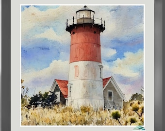 Nauset Lighthouse Art Print Watercolor | Massachusetts Coastal Wall Art | Beach House Decor | Digital Download