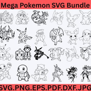 Pode incluir: Ilustrações em preto e branco de vários personagens Pokémon, incluindo Pikachu e Charizard. O texto "Mega Pokemon SVG Bundle" está no topo, com opções de tipo de arquivo na parte inferior.