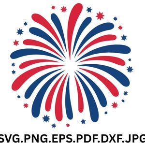 Könnte beinhalten: Eine grafische Darstellung eines Feuerwerks mit abwechselnd roten und blauen geschwungenen Strahlen, die von einem Mittelpunkt ausgehen, umgeben von kleinen roten und blauen Sternen, mit dem Text SVG.PNG.EPS.PDF.DXF.JPG unten.