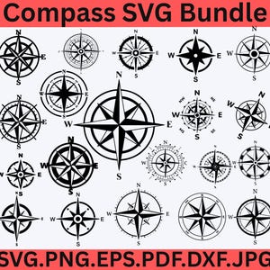 May include: A digital collection titled Compass SVG Bundle featuring various black and white compass rose illustrations. The designs include diverse nautical navigation symbols with cardinal directions N, S, E, and W. Text at the bottom reads SVG.PNG.EPS.PDF.DXF.JPG.