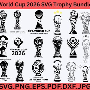 以下が含まれることがあります： 2026年ワールドカップのトロフィーのイラスト、サッカーボール、FIFA WORLD CUP 2026、USA、CANADA、MEXICOなどのテキストを含む、白黒のグラフィックデザインのデジタルコレクション。SVG、PNG、PDFなどの様々なファイル形式が含まれています。