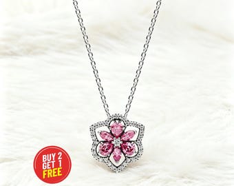Sterling Silver Herbarium Sparkling Pink Flower Pendant Necklace Jewelry gift for her