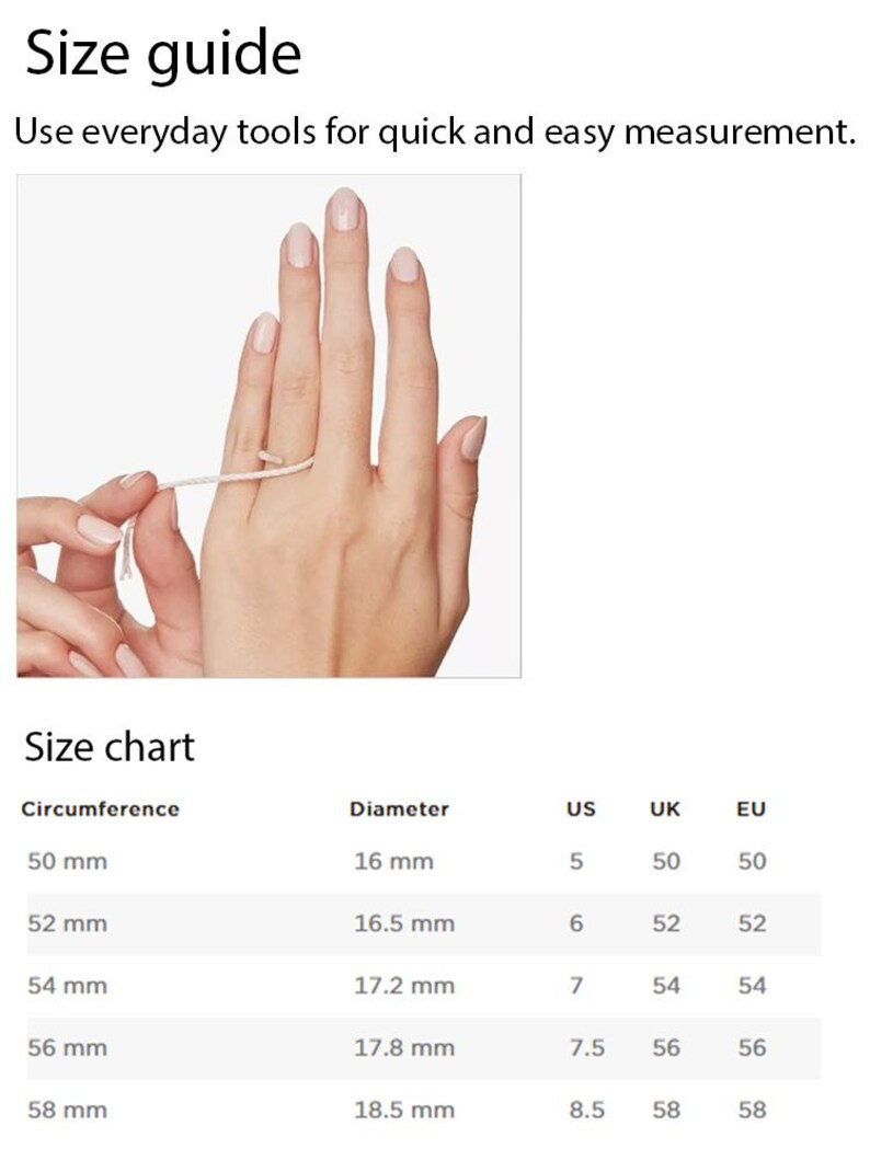 Puede incluir: Una gu&iacute;a de tallas con el texto Size guide, Use everyday tools for quick and easy measurement y Size chart. Incluye una tabla con columnas para circunferencia, di&aacute;metro y tallas de EE. UU., Reino Unido y la UE en mil&iacute;metros.