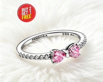 Anillo de plata de ley con lazo rosa brillante, regalo de joyería para ella