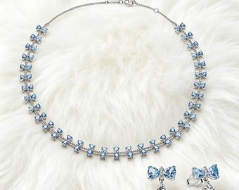 Sterling Silver Bridgerton Blue Bow Necklace & Earring Set gift for her