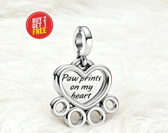 Sterling Silver Hearts & Paw Print Dangle Charm