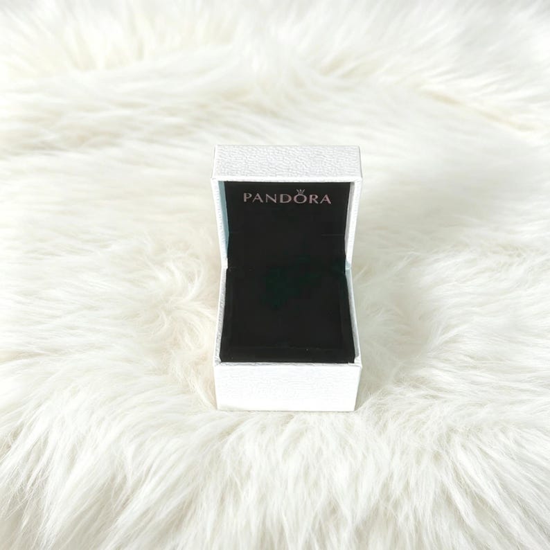 Puede incluir: Un joyero rectangular de color blanco con un exterior texturizado y una tapa con bisagras. El interior est&aacute; forrado con tela negra y la palabra PANDORA est&aacute; impresa en una fuente met&aacute;lica en el interior de la tapa, sobre el compartimento.